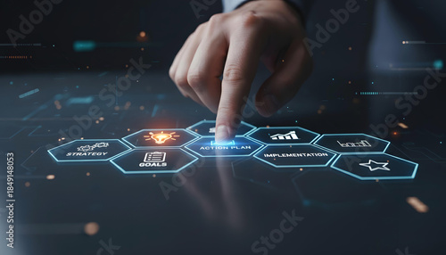 Professional hand touching a glowing digital screen with business analytics and strategy icons symbolizing data-driven decision-making and technological innovation in a modern enterprise