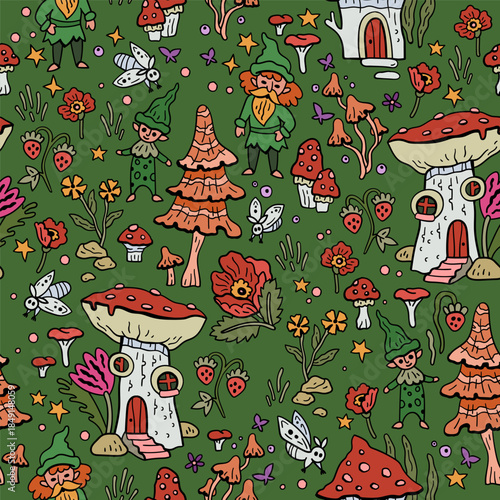 Vector pattern with gnomes and mushroom houses. Forest fairytale world. Seamless background with magical characters.