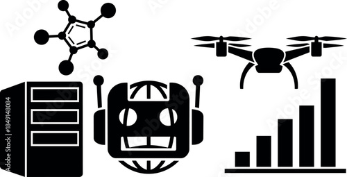 Black silhouette icons of server tower, robot face, drone flying and data analytics bar chart vector art