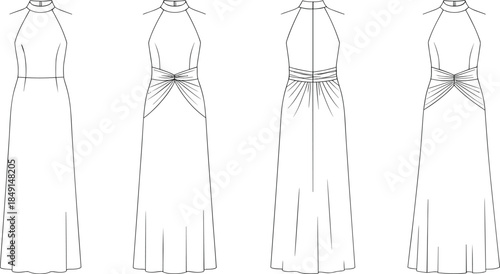 Technical Flat Fashion Sketch of a Long Elegant Halter Neck Dress with Draped Knot Detail at the Waist, Front and Back Views.