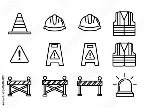 Construction safety icons featuring helmets vests barriers and warning signs