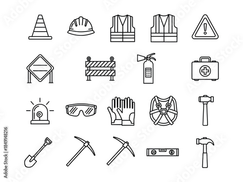 Construction safety icons hard hats vests tools and warning signs displayed