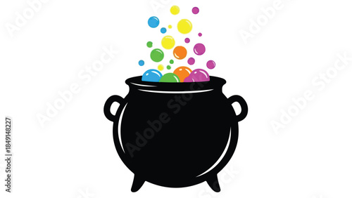Colorful magic cauldron with floating bubbles and vibrant colorful orbs, fantasy witchcraft symbol, whimsical illustration for creative projects and design