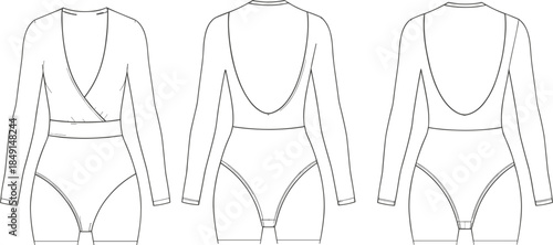 Technical Flat Fashion Sketch of a Long Sleeve Bodysuit with Deep V-Neck Wrap Front and Low Scooped Back Design.