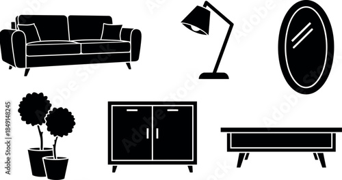 Minimalist black silhouette icons set sofa floor lamp round mirror potted plants sideboard coffee table simple modern furniture collection