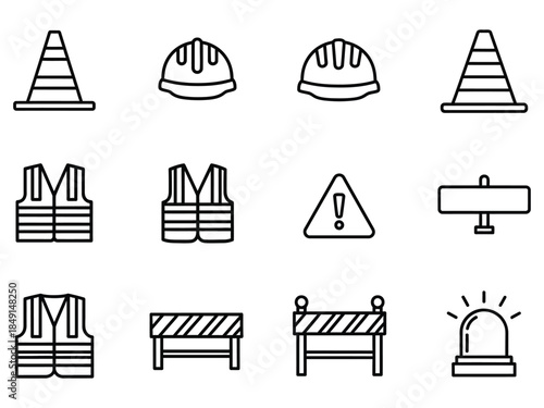 Construction safety icons depicting hard hats vests barriers and warning signs