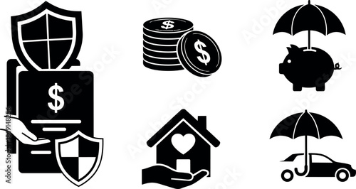 Black shield protecting dollar symbol with hand holding folder and coins with piggy bank and umbrella above and house with heart under hand and car with umbrella flat icon illustration