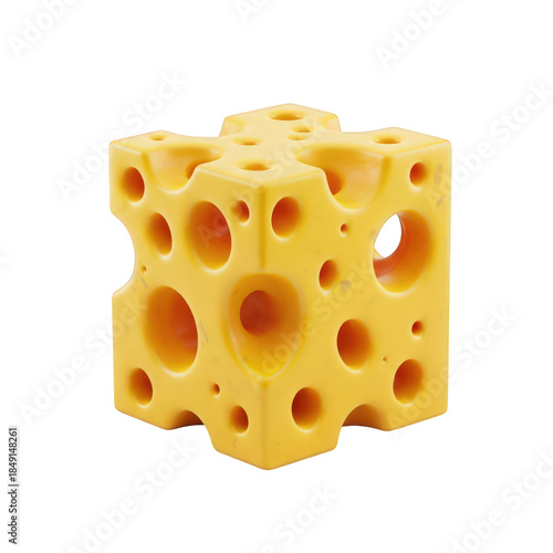 A vibrant yellow cheese cube with multiple holes and a stylized shape, . isolated on transparent background