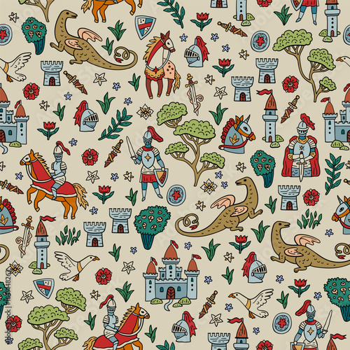 Seamless medieval vector pattern with knights, horses and castles. Dragon and rider. Hand-drawn like an ancient tapestry. For textile and paper design.