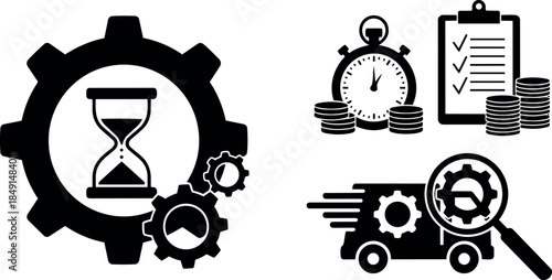 Black and white gear icons with hourglass stopwatch and checklist for time management and business productivity concept