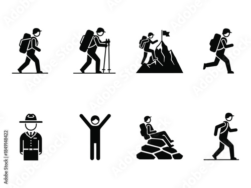 Stick figure icons depicting hikers climbers and people celebrating success