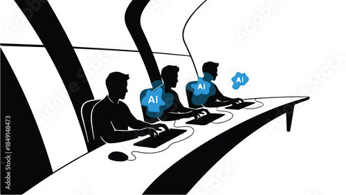 Silhouetted people collaborate in a futuristic office, interacting with AI technology.