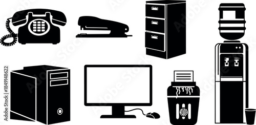 Black and white silhouette office equipment including vintage phone, stapler, filing cabinet, desktop computer, coffee cup, water cooler vector set