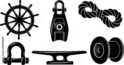 Black silhouette nautical rope ship wheel cleat shackle pulley maritime equipment icons set