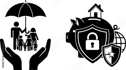 Black flat design icons representing family protection under umbrella and secure piggy bank with lock and globe shield symbols