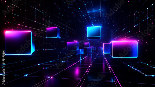  dark background with neon lights and holographic elements, 