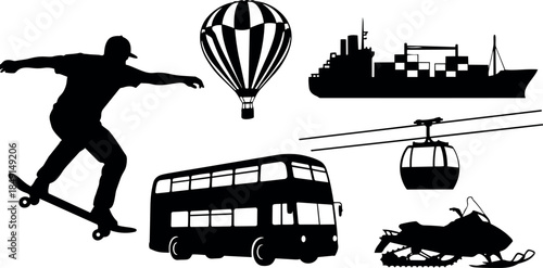 Silhouette set of skateboarder jumping with hot air balloon double decker bus cargo ship cable car snowmobile vector art