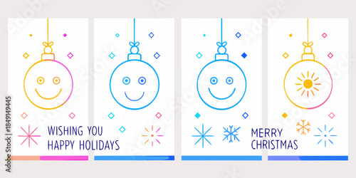 Festive holiday cards with smiling ornament faces and seasonal greetings