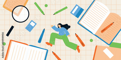 A creative workspace with scattered stationery and a person reaching out