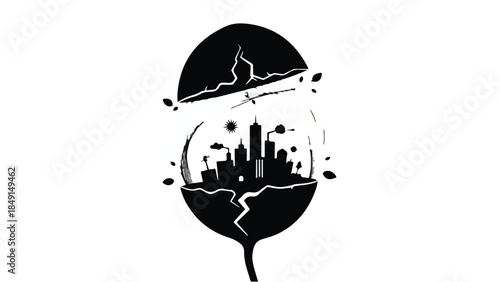 Eco friendly urban cityscape inside a leaf illustration, green environment concept, sustainable city living, modern eco-conscious design