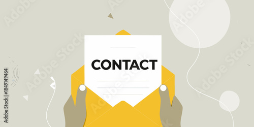 A yellow envelope holding a white contact form with hands reaching up