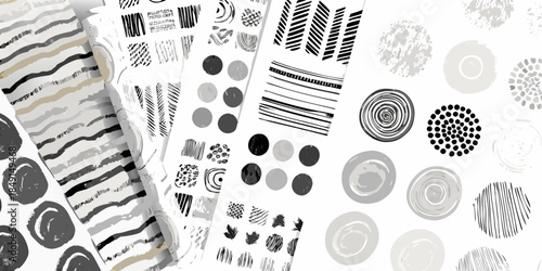 Abstract black and white patterns on paper showcasing diverse textures and forms