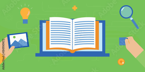 Open book with surrounding learning tools lightbulb magnifying glass and images