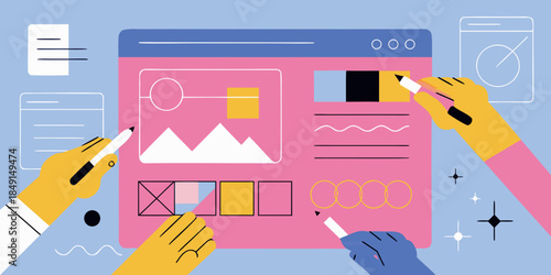 Digital design interface with hands interacting and creating on a screen