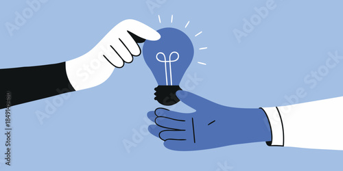 Sharing a bright idea hands exchanging a glowing light bulb concept