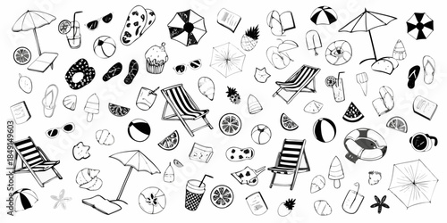 A charming collection of hand drawn summer icons and beach themed illustrations