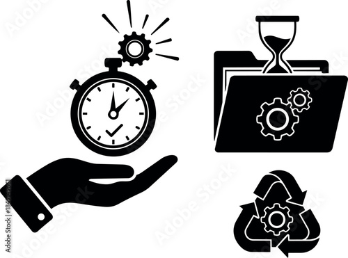 Black and white flat design icons showing hand holding stopwatch light bulb folder hourglass and recycle gear symbols