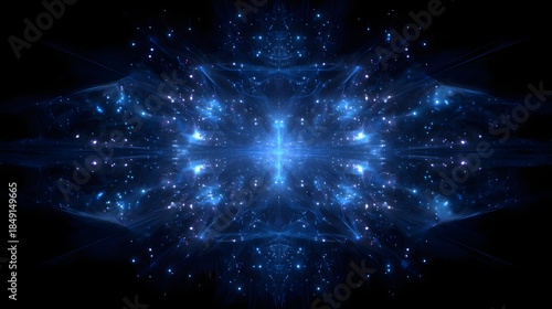 Abstract Blue Light Bursting from the Center, Dark Background, Digital Art.