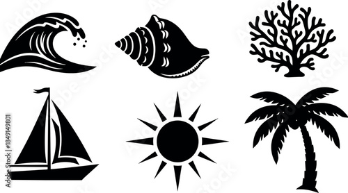 Black silhouette icons of ocean wave shell coral sailboat sun and palm tree vector graphic design elements
