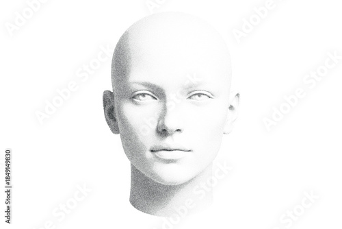 Detailed dotwork illustration of bald human face with neutral expression, drawn in stippling style
