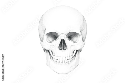 Realistic dotwork drawing of a human skull viewed from the front, using stippling technique