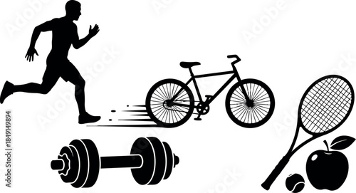 Silhouette running man chasing bicycle with dumbbell, tennis racket and apple black icon set fitness sports health symbols