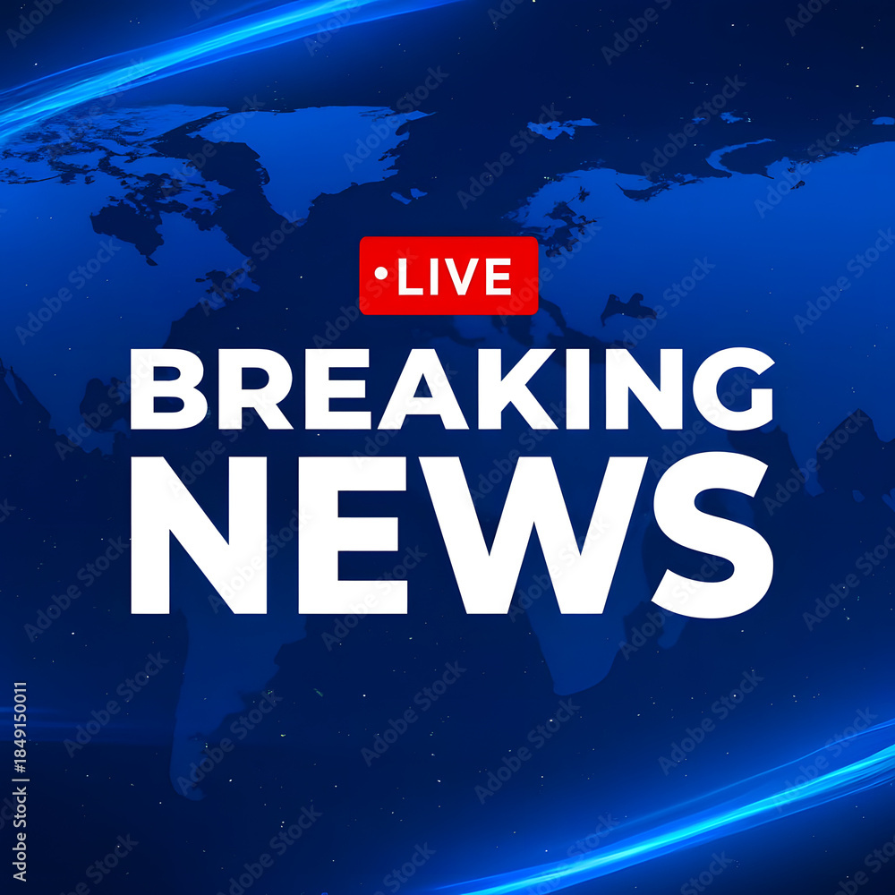 Fototapeta premium Breaking News Alert: The bold BREAKING NEWS headline dominates the scene, signifying real-time updates from around the globe, underscored by the LIVE notification.
