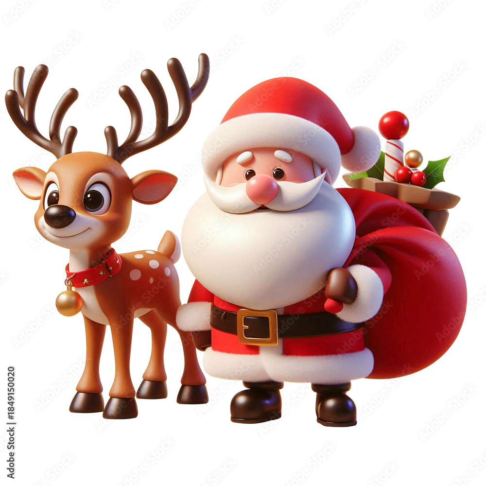 Fototapeta premium Santa Claus, dressed in red and holding a sack of gifts, stands beside a reindeer wearing a gold star collar