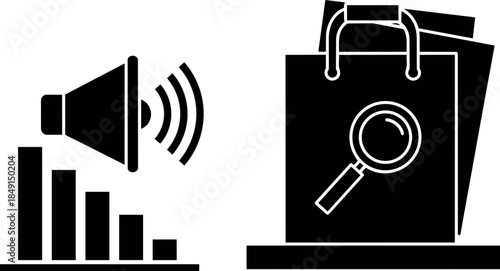 Black silhouette icons of decreasing volume bars and shopping bags with magnifying glass vector illustration