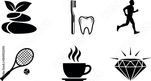 Black silhouette icons set including spa stones leaf dental toothbrush tooth runner tennis racket coffee cup diamond gem vector design