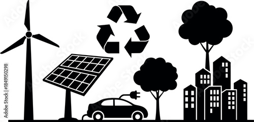 Black silhouette eco city with wind turbine solar panel electric car trees recycling symbol flat design sustainable energy concept