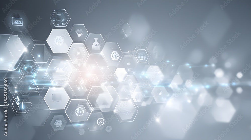 Fototapeta premium Abstract digital hexagon network with glowing light and data symbols.