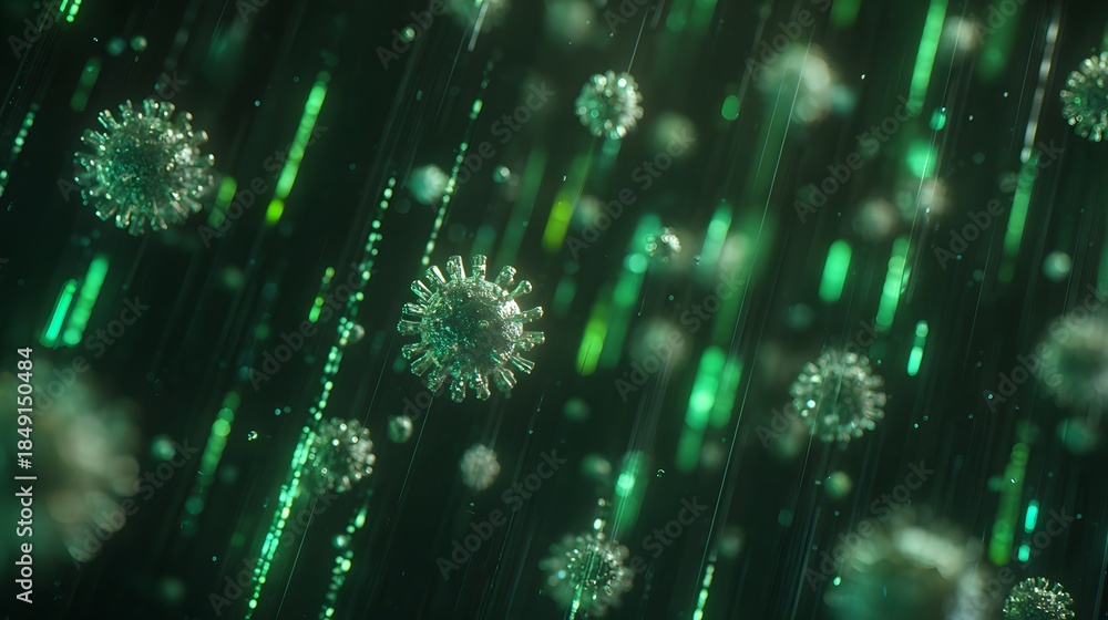Fototapeta premium Abstract digital illustration of microscopic viruses and glowing green lines, futuristic concept.