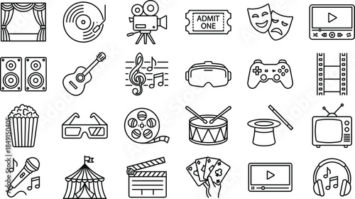 Entertainment icon set illustration, cinema music gaming theater media symbols, film audio video line icons collection, for digital creative design