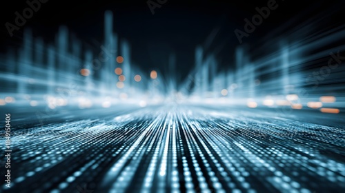 Abstract digital data stream flowing through a futuristic city landscape.