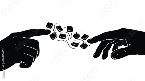 Black silhouette hands exchanging digital puzzle pieces on white background, symbolizing connection and partnership in modern technology and problem solving