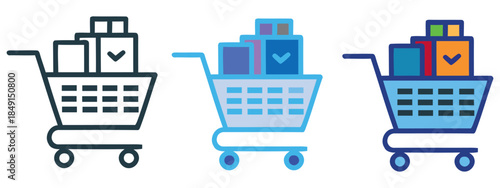 Collection of shopping cart icons featuring full carts with packages for e-commerce and retail applications