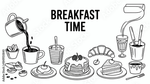 Breakfast Time Illustration with Coffee, Pancakes, and Pastries