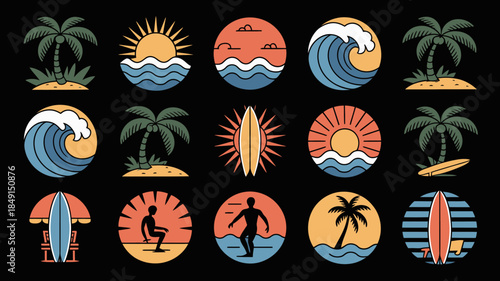 Vibrant Surfing and Beach Icons with Palm Trees and Sunsets