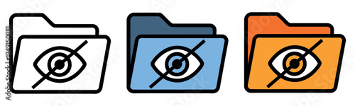 Hidden folder icon set depicting privacy and confidential data in outline and colored styles